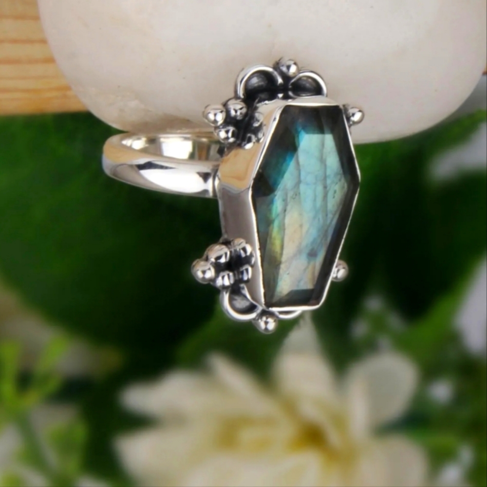 Natural Labradorite Gemstone Coffin Ring Solid 925 Silver Statement Ring Boho